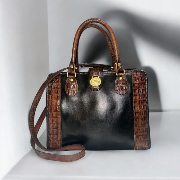 Brahmin Handbags - VTG Brahmin Purse Black Leather Pecan Croc Tuscan Too Satchel Convert Crossbody